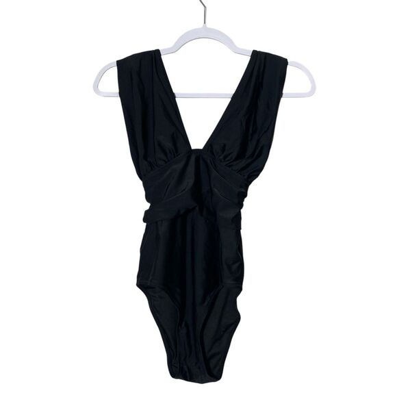 Cupshe NWT Black Rib Plunge Cross Back Tummy Control One Piece Swimsuit Size Med - Picture 1 of 16
